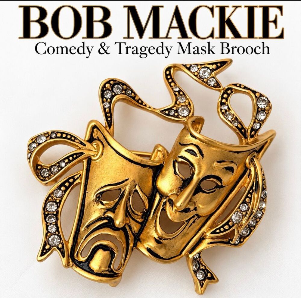 Bob Mackie Vintage Comedy & Tragedy Mask Rhinestone Brooch Gold Tone